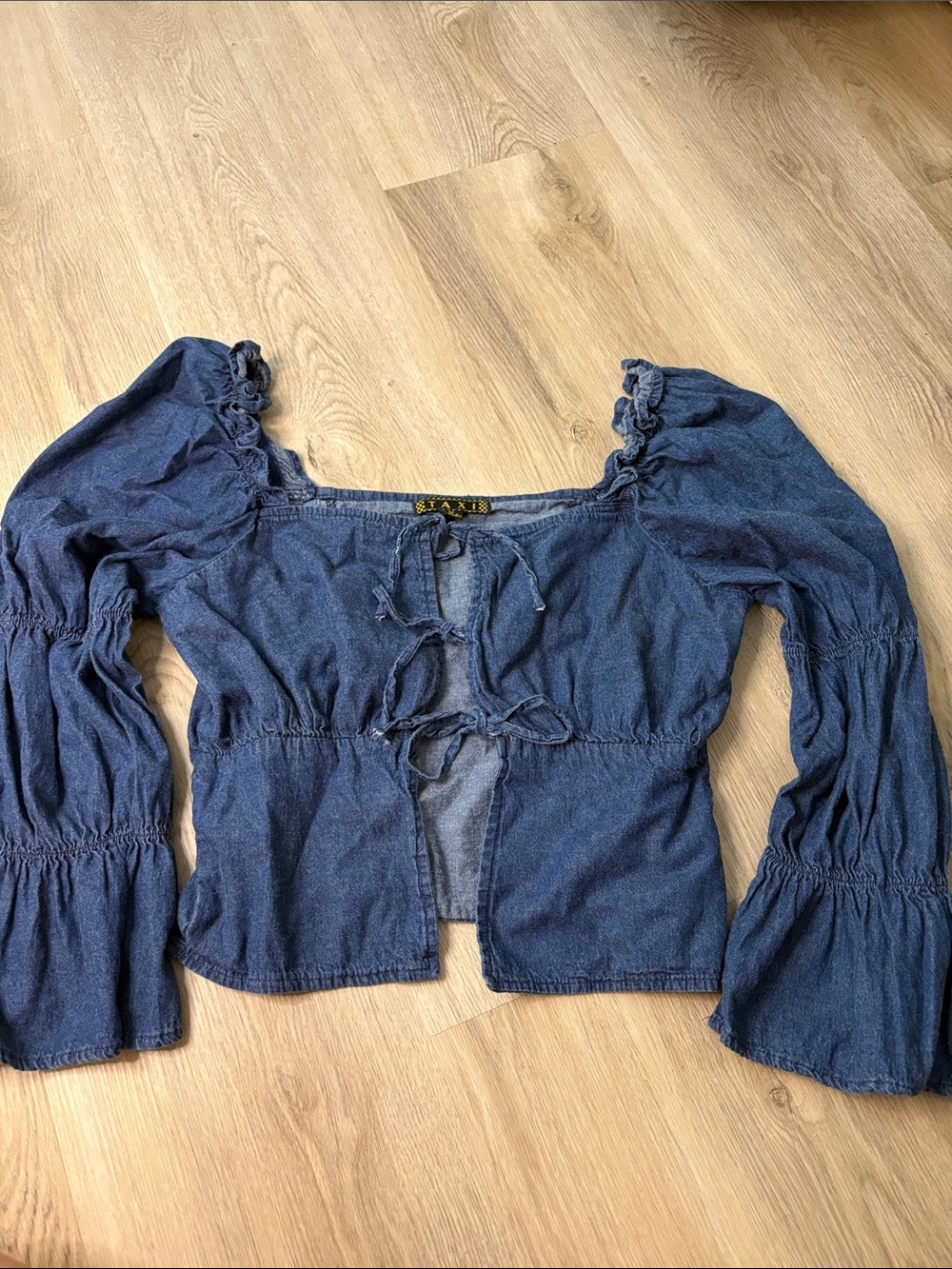 VINTAGE Taxi Y2K Denim Milkmaid Tie Front Blouse size medium 90s rodeo boho